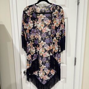 Floral Fringe Printed Kimono Purple